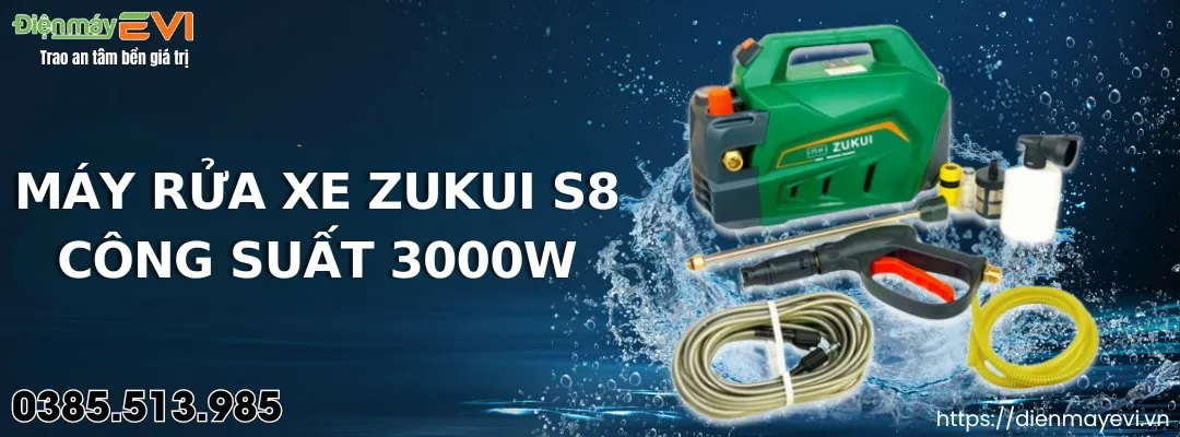 Máy rửa xe áp lực cao Zukui S8 Có chỉnh áp, công suất 3000W và dây xịt cao áp 15M