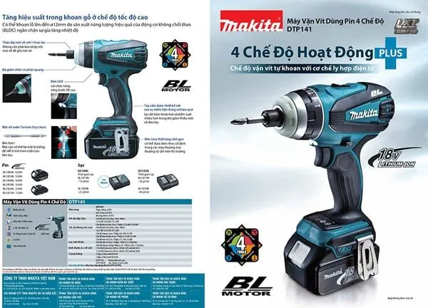 Máy bắn vít chuyên vít pin Makita DTP141RTE có khả năng khoan thép (8mm), gỗ (21mm), và bê tông (10mm) dễ dàng