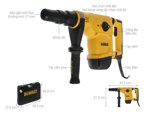 Máy đục bê tông Dewalt D25811K-B1 Với công suất 1050W, lực đập 7.1J và tốc độ đập lên đến 3150 lần/phút.