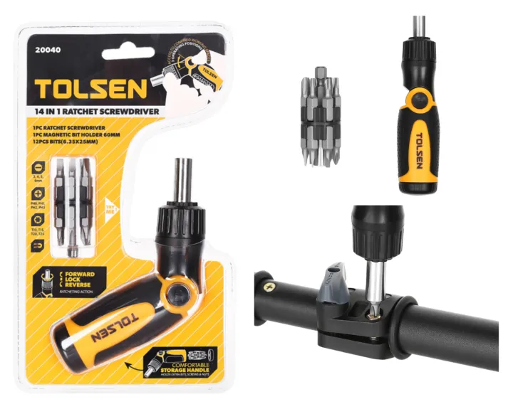 Tua vít tự động Tolsen 20040 Bộ mũi vít đi kèm dạng dấu cộng, trừ, hình bông gồm 12 kích cỡ: 3 mm, 4 mm, 5 mm, 6 mm, PH0, PH1, PH2, PH3, T10, T15, T20, T25