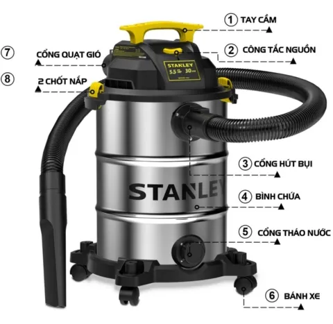Máy hút bụi công nghiệp Stanley SL19417-8A Ba chức năng hút khô, ướt và thổi công suất tối đa 4000W (5.5HP)