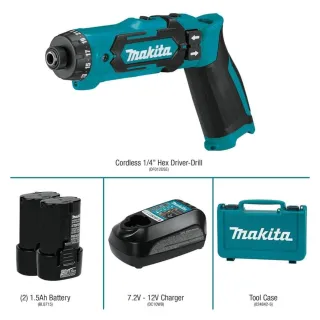 Máy vặn vít dùng ppin Makita  DF012DSE Có thể sử dụng cho cả khoan và vặn vít. Sạc(DC10WA) / 2 pin 1.5Ah(BL0715) / Mũi vít (+)(+)(784202-3) / Mũi vít (+)(+)(784243-9)