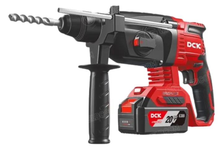 Máy khoan búa dùng pin DCK KDZC04-24 (TYPE FK) Bên cạnh máy, còn đi kèm 1 bộ sạc 20V 4A, 1 tay cầm phụ, 1 thước đo độ sâu và 1 vali nhựa