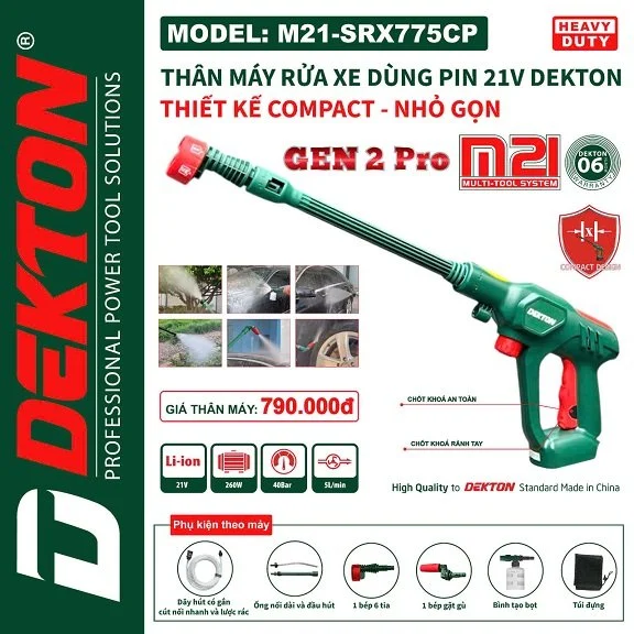 Máy rửa xe Dekton M21-SRX775CP chưa pin sạc