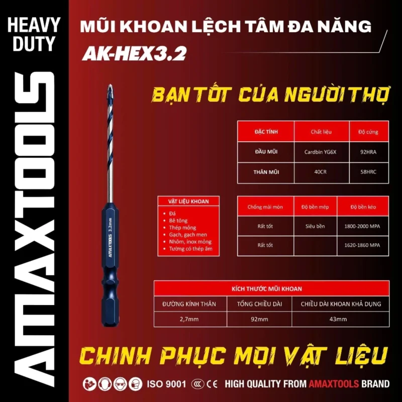 Mũi Khoan Lệch Tâm Amaxtools AK-HEX3.2 3.2mm Siêu Cứng Chính Hãng