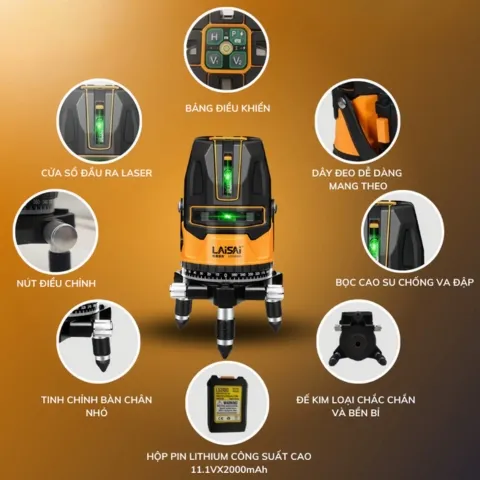 Máy cân bằng laser 5 tia xanh Laisai LSG6860D tự động cân bằng tia sáng chỉ trong 5 giây và độ chính xác ±1mm/10m