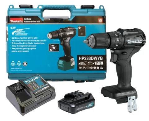 Máy khoan pin cầm tay Makita HP333DWYB công suất đầu ra tối đa 170W, động cơ mạnh mẽ 2 cấp tốc
